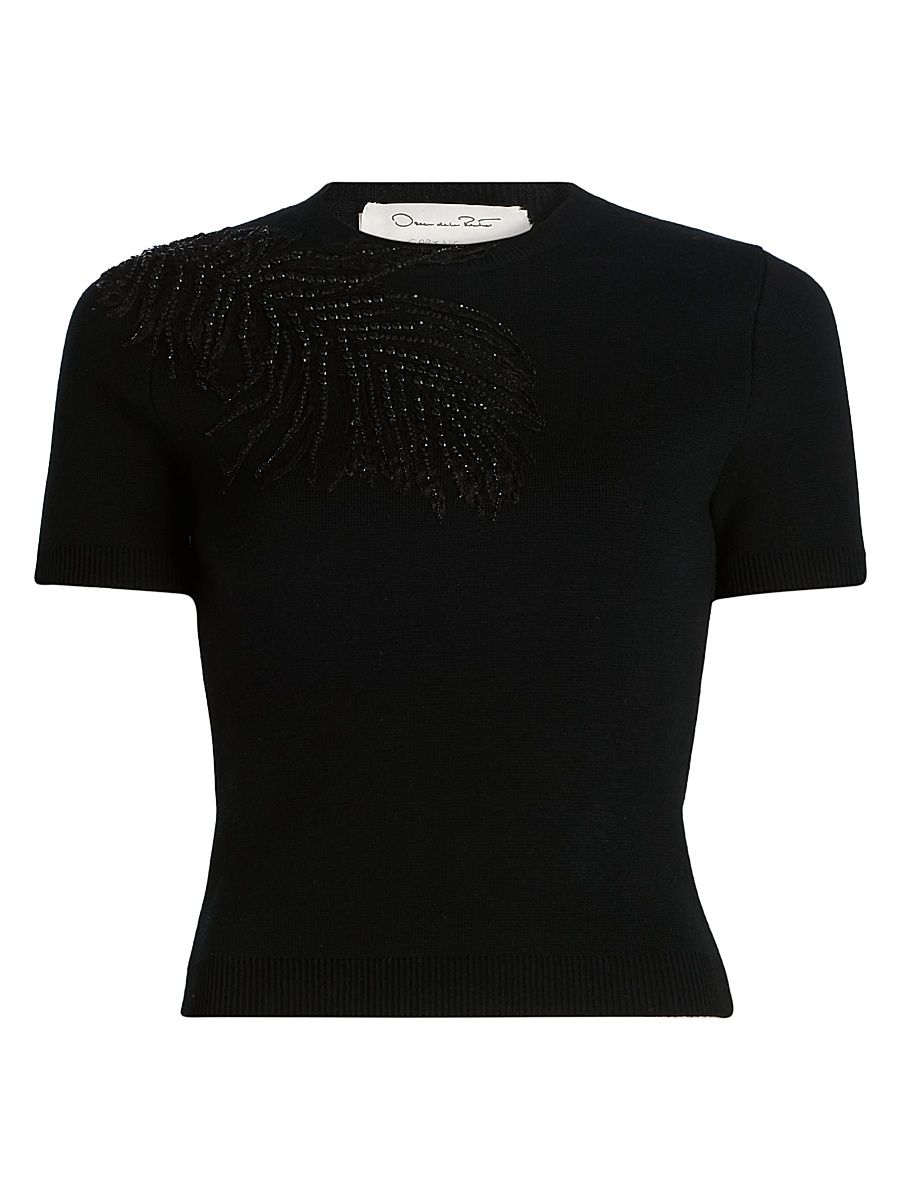 Women's Beaded Feather-Embroidered Short-Sleeve Sweater - Black - Size Large