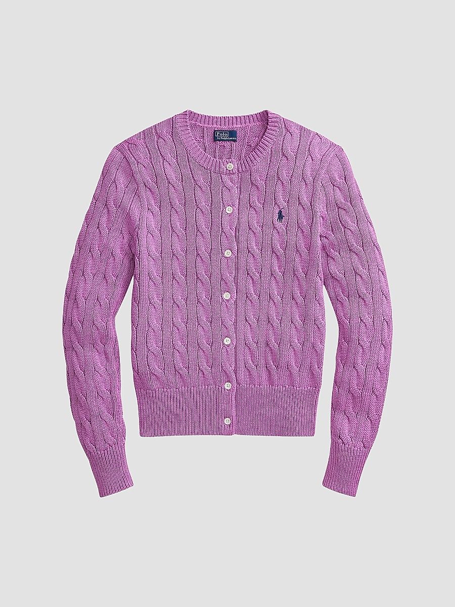 Polo Ralph Lauren Women's Cable-Knit Cotton Crewneck Cardigan - Thistle Pink - Size Medium