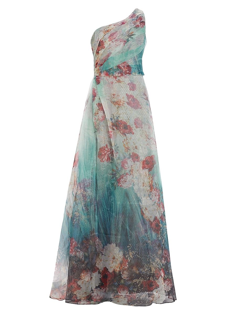 Women's One-Shoulder Floral Print Gown - Aqua Multi - Size 10