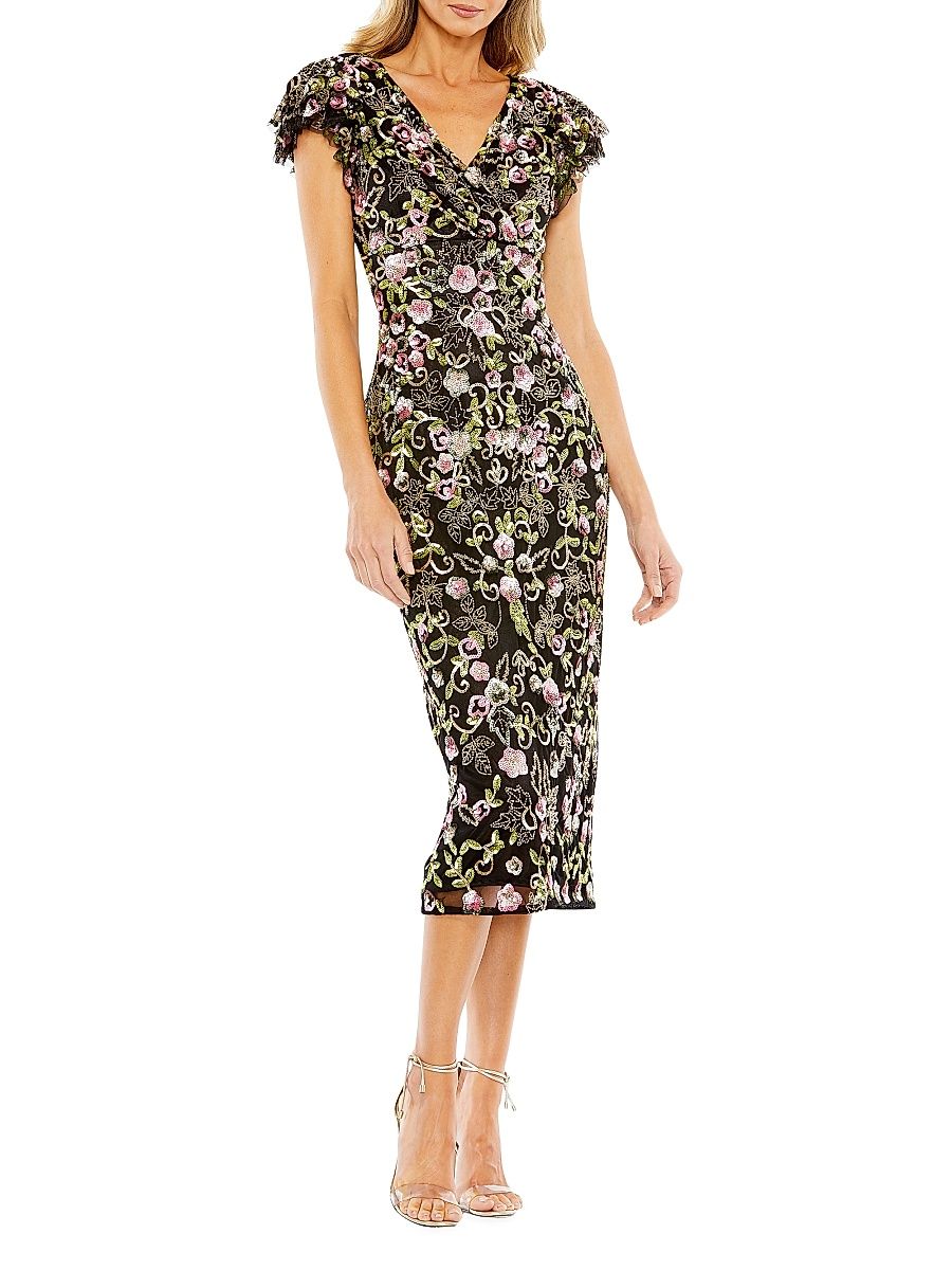 Women's Embellished Cap-Sleeve Dress - Black Multi - Size 16