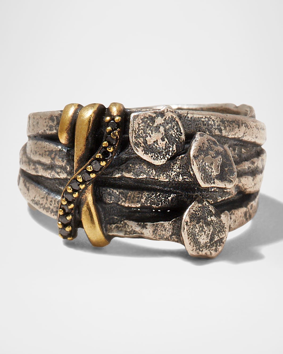 Men & apos;s Nails Metal Band Ring w/ Black Diamonds