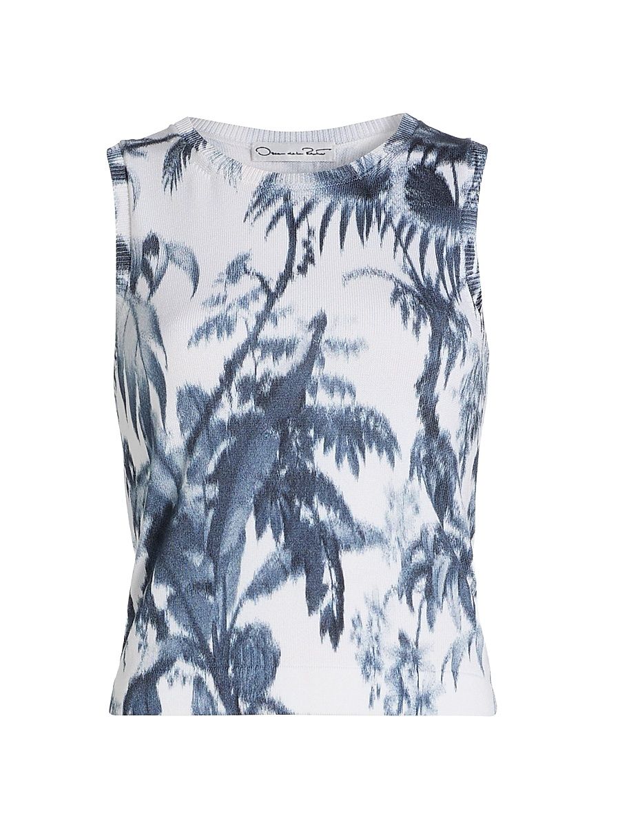 Women's Palm Leaf Knit Tank Top - Navy White - Size XS
