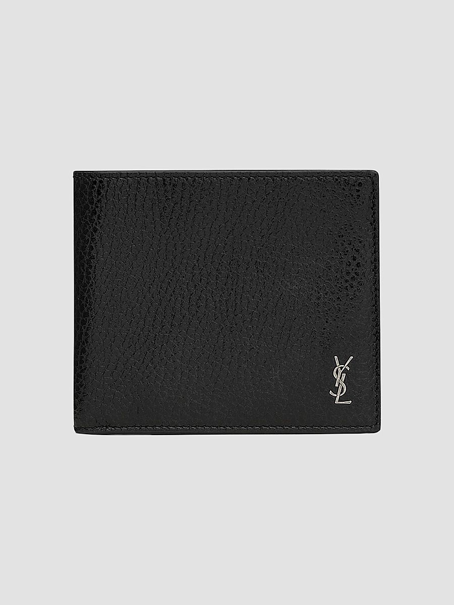 Saint Laurent Men's Tiny Cassandre East-West Wallet in Grained Leather - Black