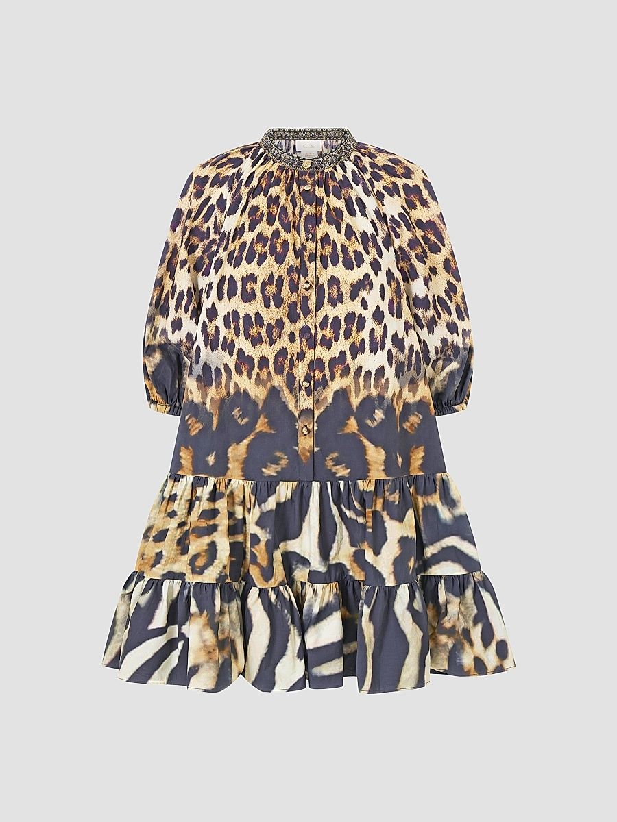 Women's Leotigra Land Puff Sleeve Mini Shirtdress - Beige - Size XS