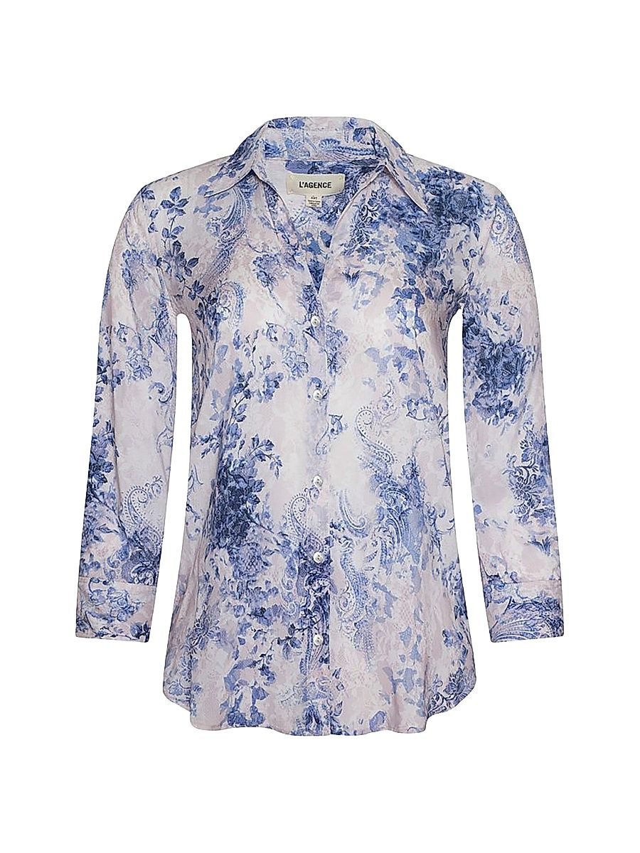 Women's Camille Floral Button-Front Blouse - Ivory Blue Watercolor Lace - Size XL