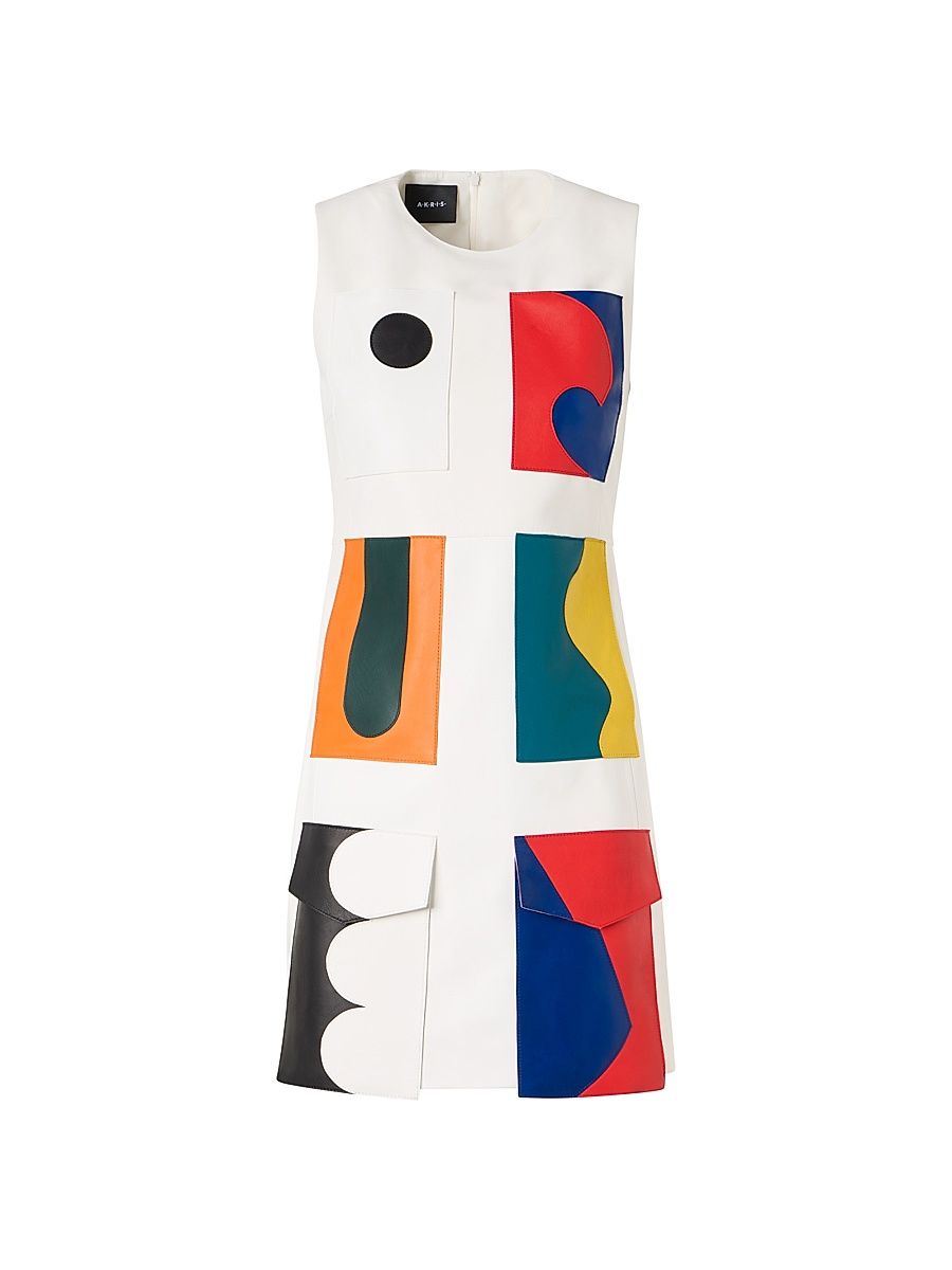 Women's Abstract Leather Sheath Minidress - Ecru Multicolor - Size 4