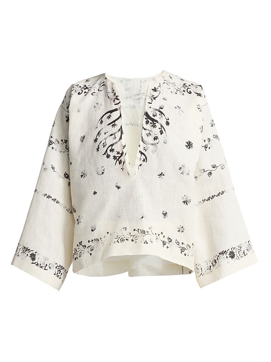 Women's Printed Linen Blouse - Multi Ivory - Size 8