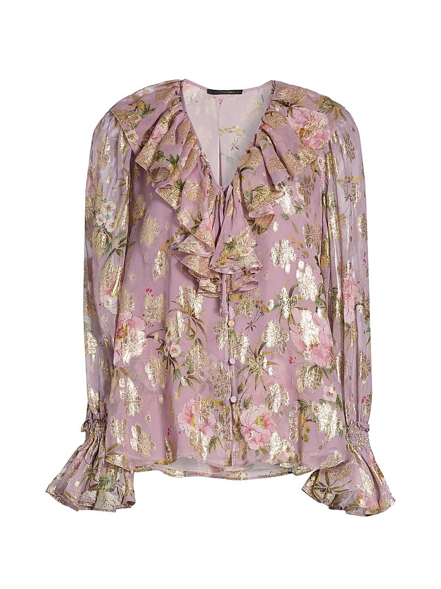 Women's Leia Metallic Floral Jacquard Ruffle Blouse - Rose Multi - Size XXL