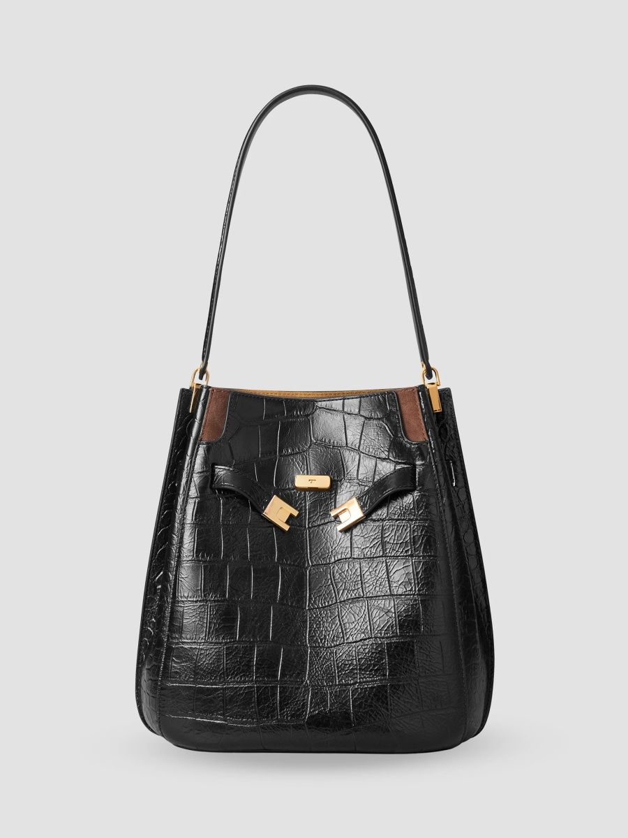 Tory Burch Women's Lee Radziwill Croc-Embossed Leather Bucket Bag - Black