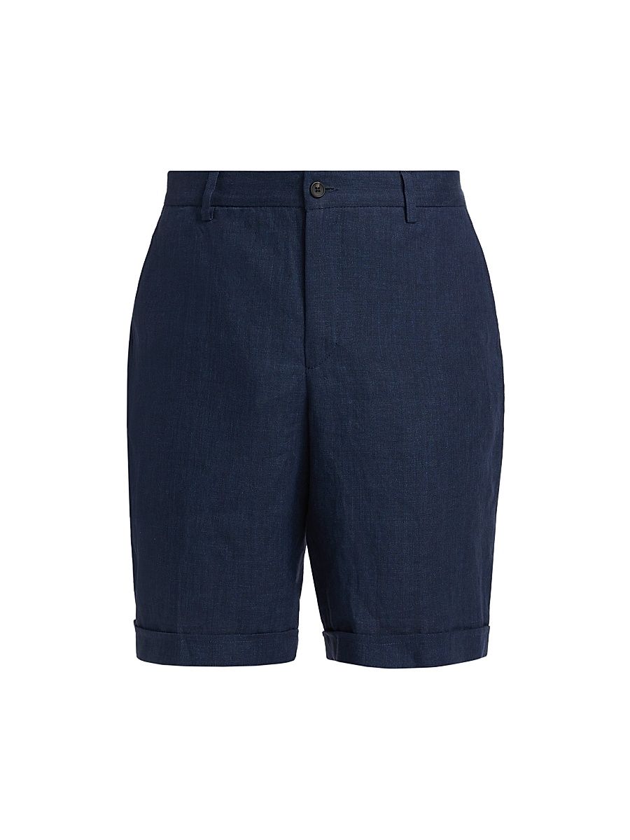 Men's COLLECTION Linen Cuffed Dress Shorts - Navy - Size 31