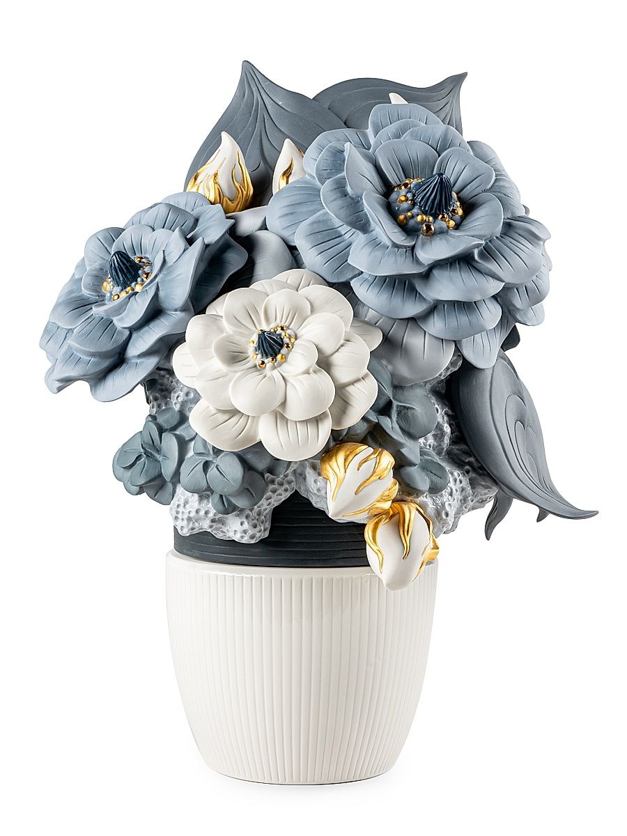 Vase With Flowers Porcelain Figurine - Blue
