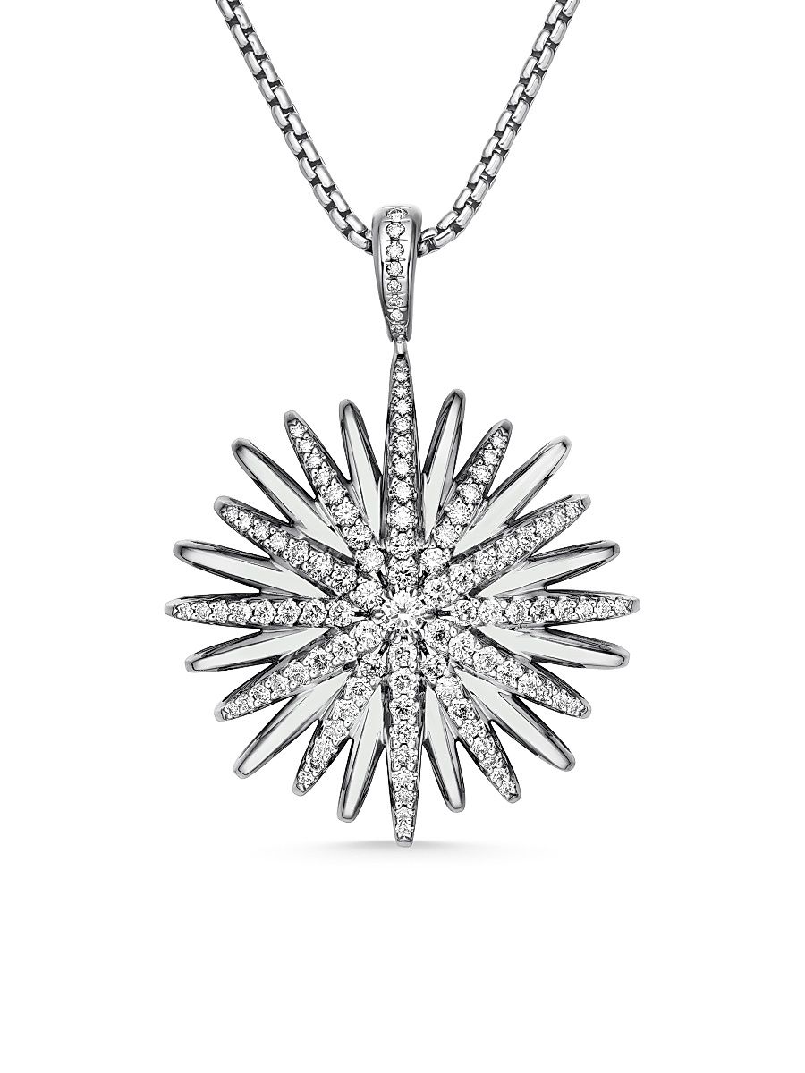 Women's Starburst Pendant Necklace in Sterling Silver with Diamonds, 32mm - Diamond - Size 18