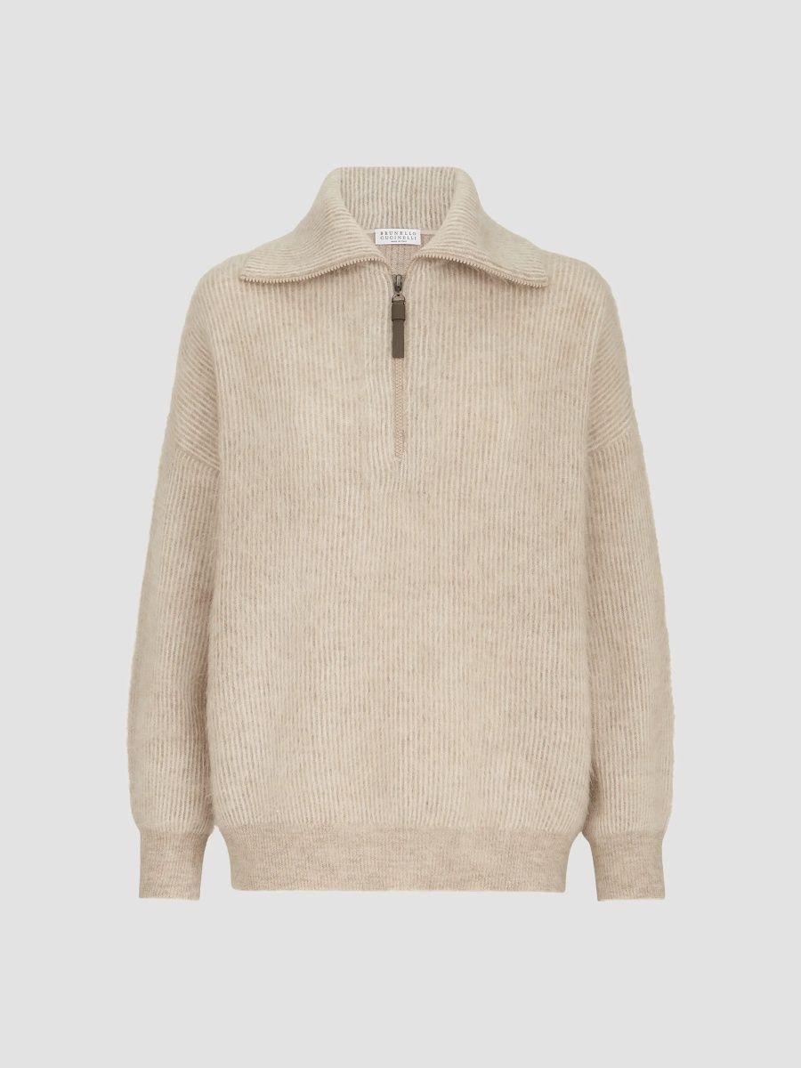 Brunello Cucinelli Women's Mohair and Wool Vanisé English Rib High Neck Sweatshirt - Beige - Size XXXL