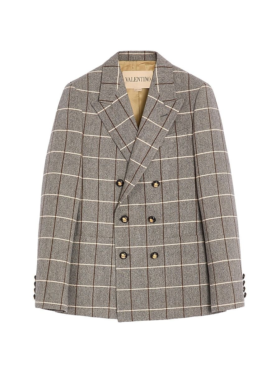 Men's Double-Breasted Wool Jacket with Check Pattern - Grey - Size 42