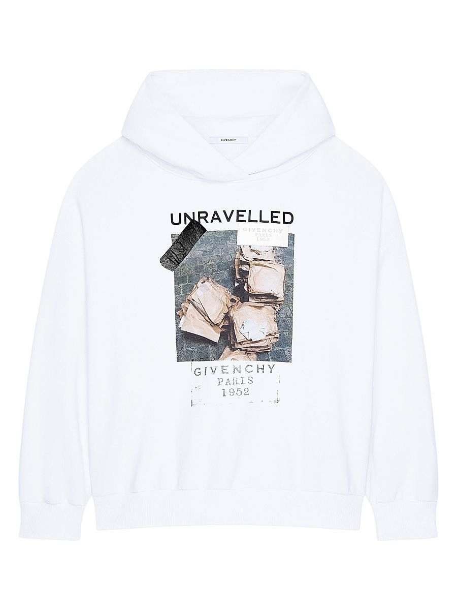 Women's Hoodie in Fleece with Unravelled Print - White - Size Large