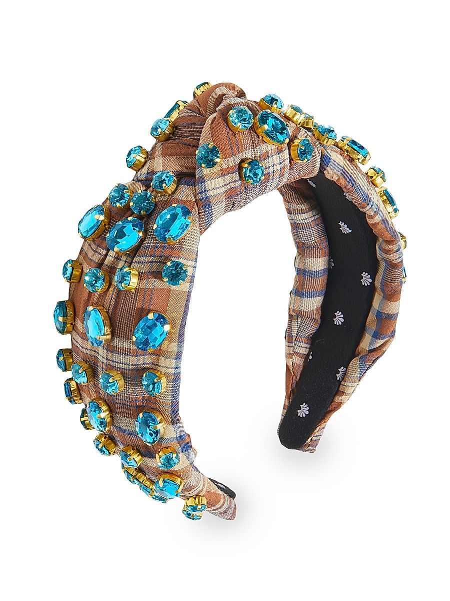 Women's Embellished Plaid Knotted Headband - Aqua Blue