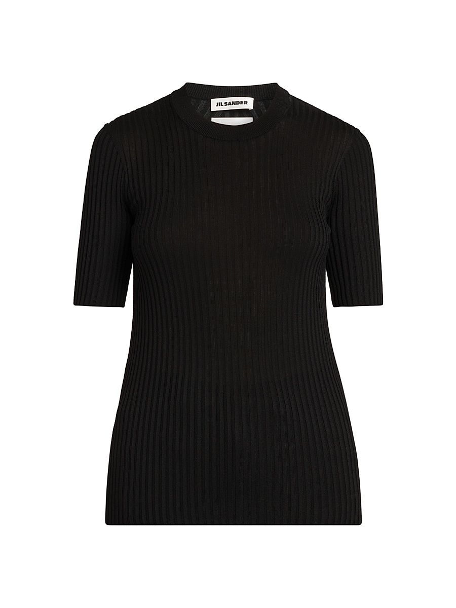 Women's Merino Wool Rib-Knit Top - Black - Size 12