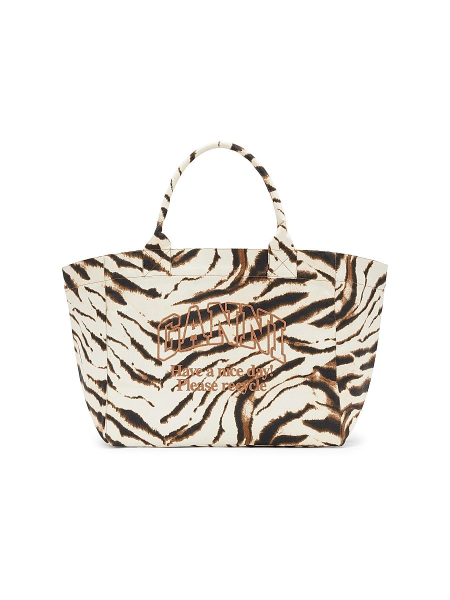 Women's Extra-Large Zebra-Print Cotton Tote Bag - White