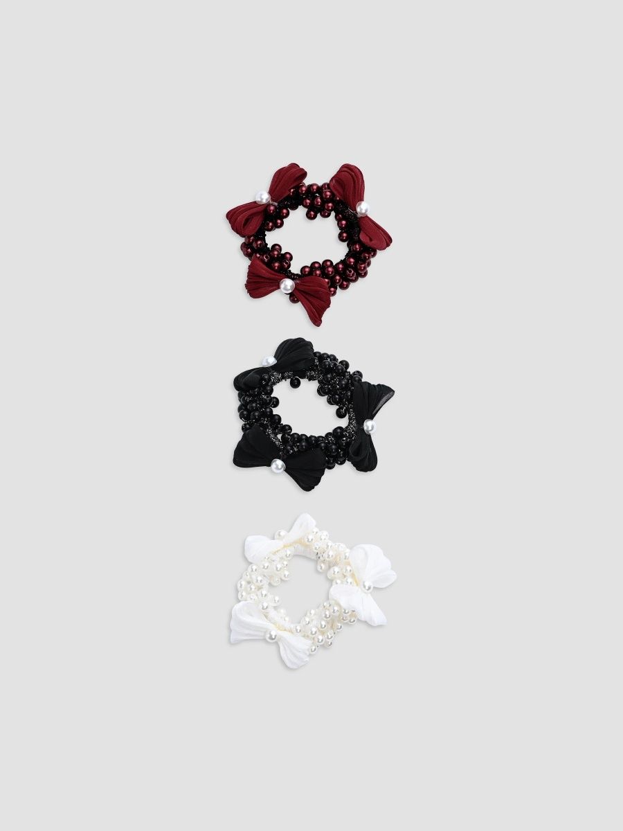 Mimi Tutu Girl's Girl's Pearl Cluster Bow Scrunchie Set - Red Black White