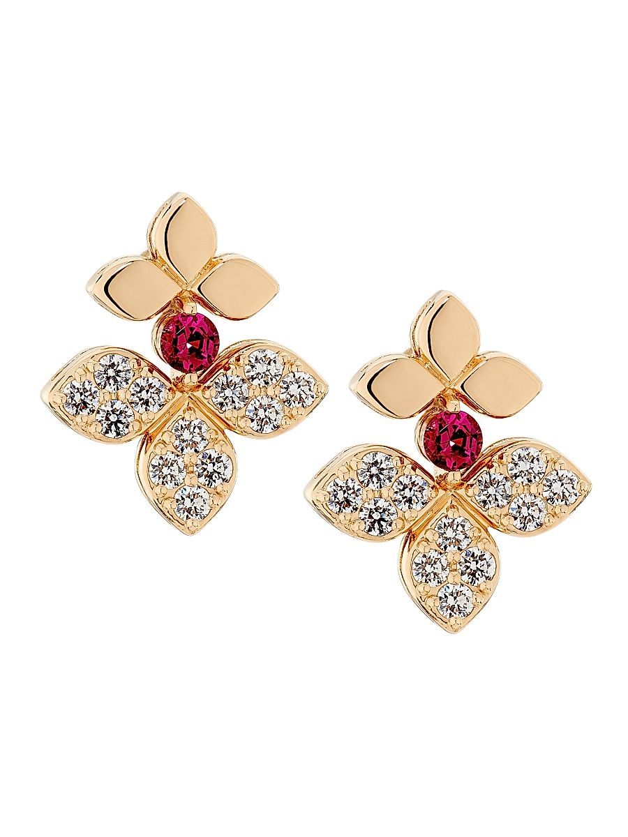 Women's Love In Verona 18K Rose Gold, 0.23 TCW Diamond & Rubellite Split Flower Stud Earrings - Rose Gold