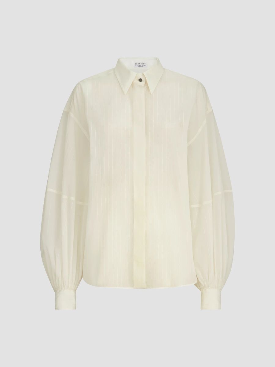 Brunello Cucinelli Women's Silk Sparkling Pinstripe Shirt with Monili - White - Size Medium