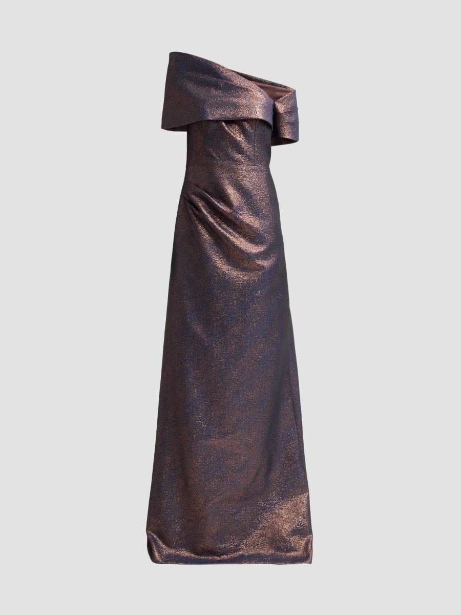 Teri Jon by Rickie Freeman Women's Metallic Jacquard Gown - Bronze Navy - Size 18