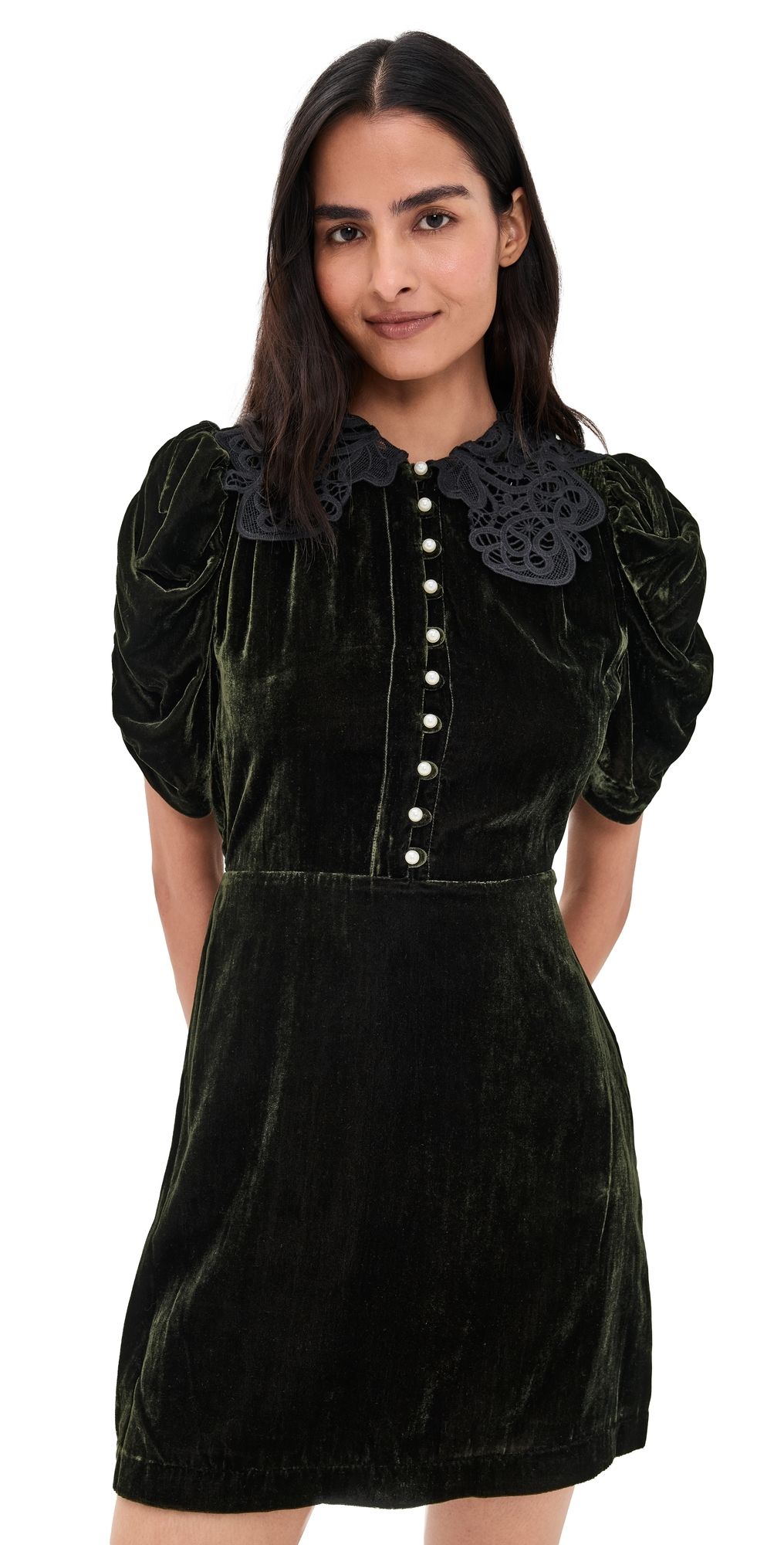 Sea Norabelle Short Sleeve Velvet Mini Dress Olive 16