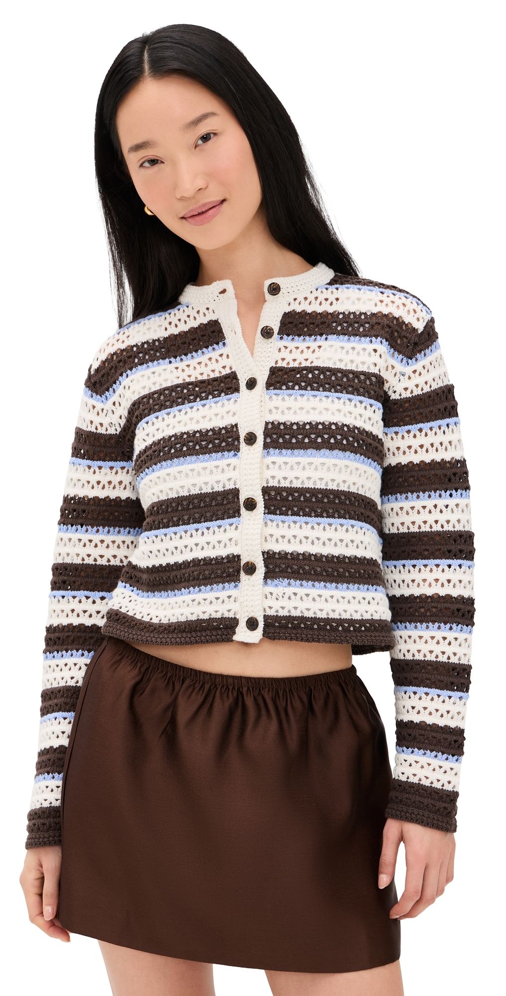 Madewell Striped Crochet Cardigan Sweater Ivory And Brown Multi Stripe XXL