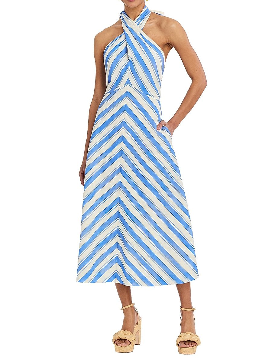 Women's Copacabana Cross-Front Striped Halter Midi-Dress - Santorini Stripe - Size Large