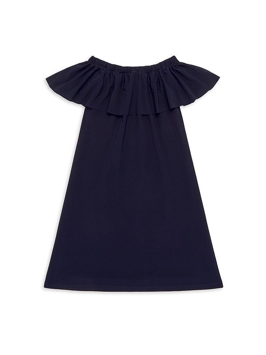 Girl's Ruffled Off-The-Shoulder Dress - Navy - Size 16