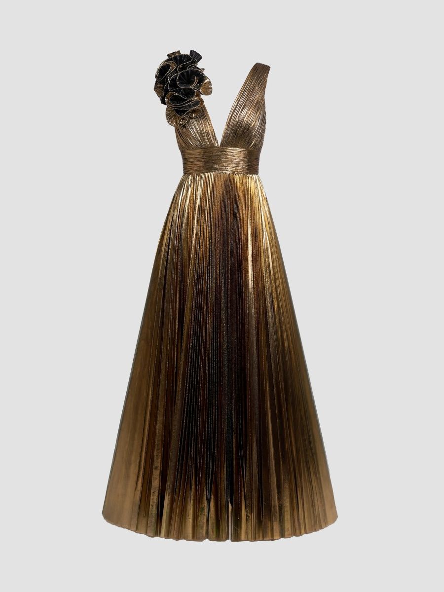 Mac Duggal Women's Metallic Pleated Ombré Gown - Antique Gold - Size 16