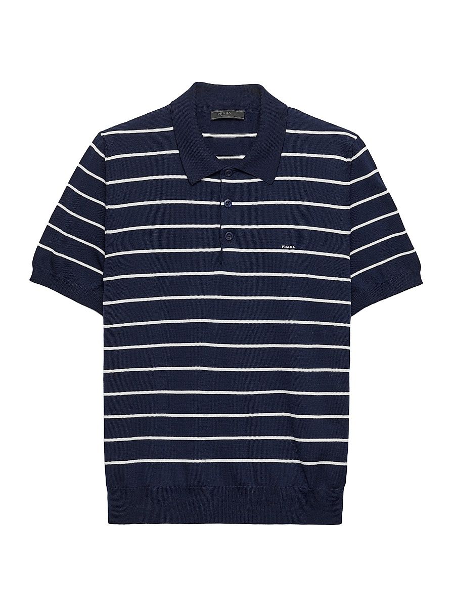 Men's Short-Sleeved Striped Cotton Polo Shirt - Blue - Size 36