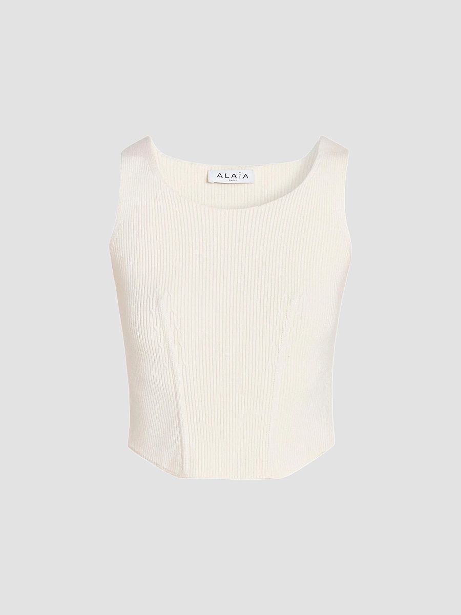 ALAÏA Women's Rib-Knit Wool-Blend Corset Top - Blanc Naturel - Size 10
