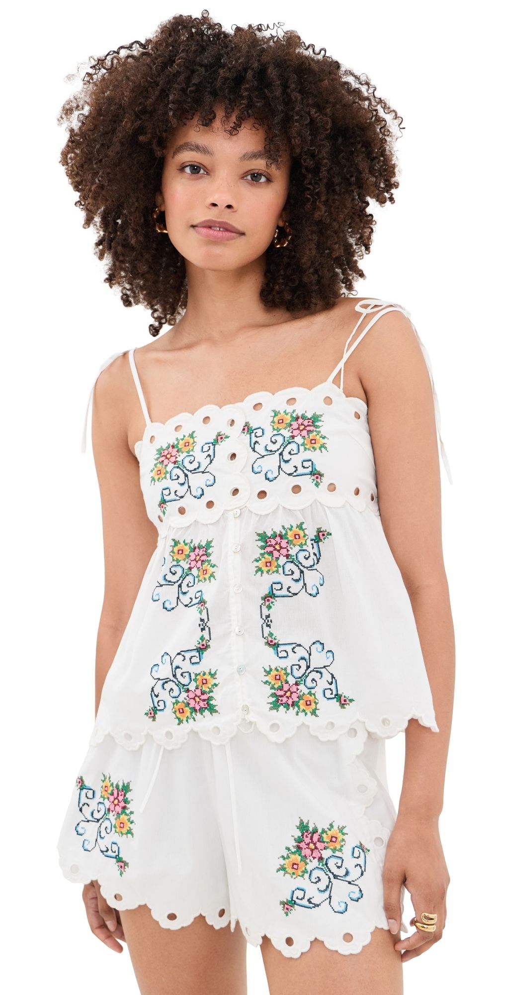 Moon River Scallop Floral Embroidered Top White Multi S