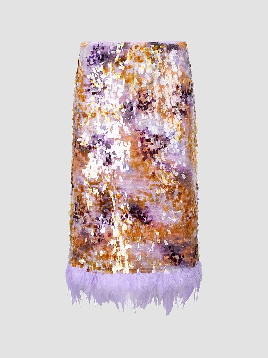 Women's Fen Sequinned Feather-Trim Midi Skirt - Afterglow - Size 14