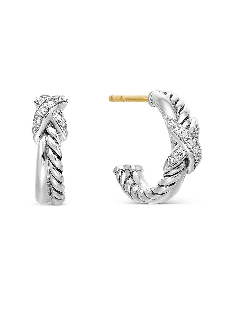 Women's Petite X Hoop Earrings in Sterling Silver with Pavé Diamonds, 12.6MM - Diamond