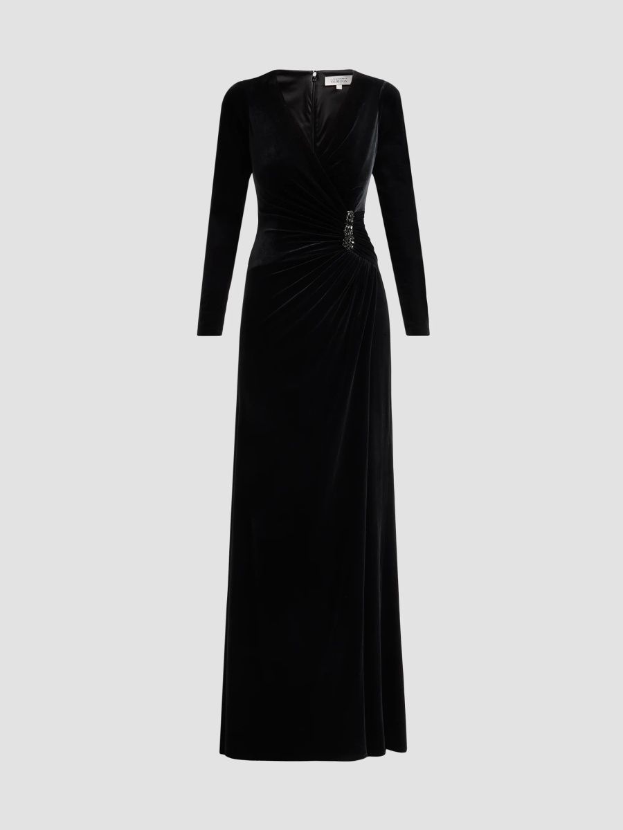Teri Jon by Rickie Freeman Women's Velvet Beaded Accent A-Line Gown - Black - Size 16