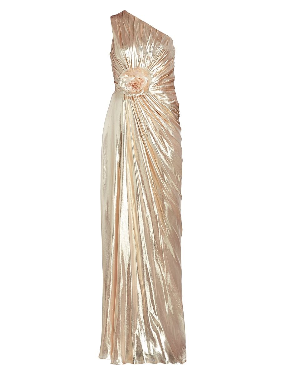 Women's Metallic Chiffon One-Shoulder Gown - Champagne - Size 8
