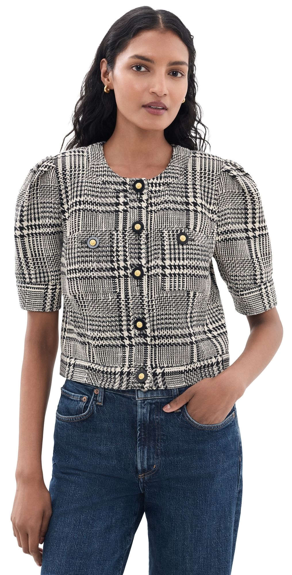 L'AGENCE Allegra Short Sleeve Cropped Jacket Blk/Wht Glen Plaid 0