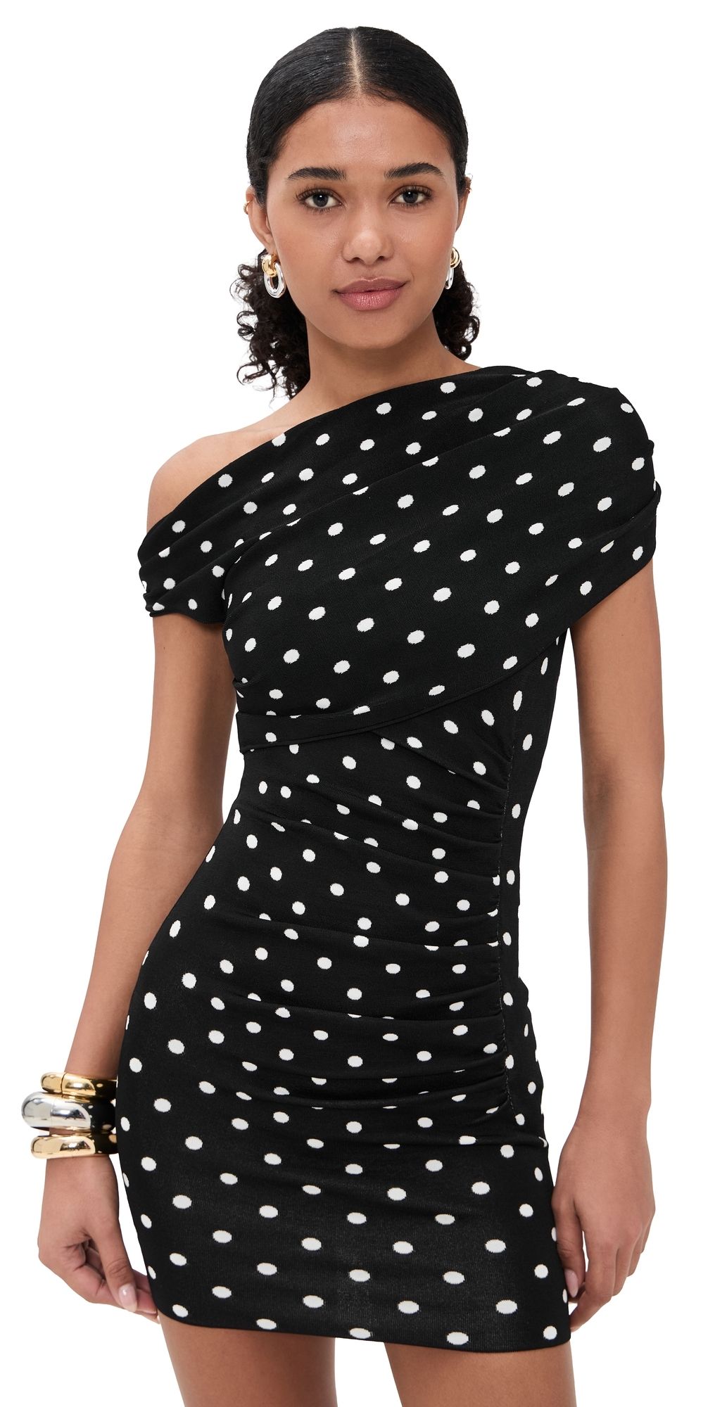 Self Portrait Polka Dot Draped Knit Mini Dress Black / White S