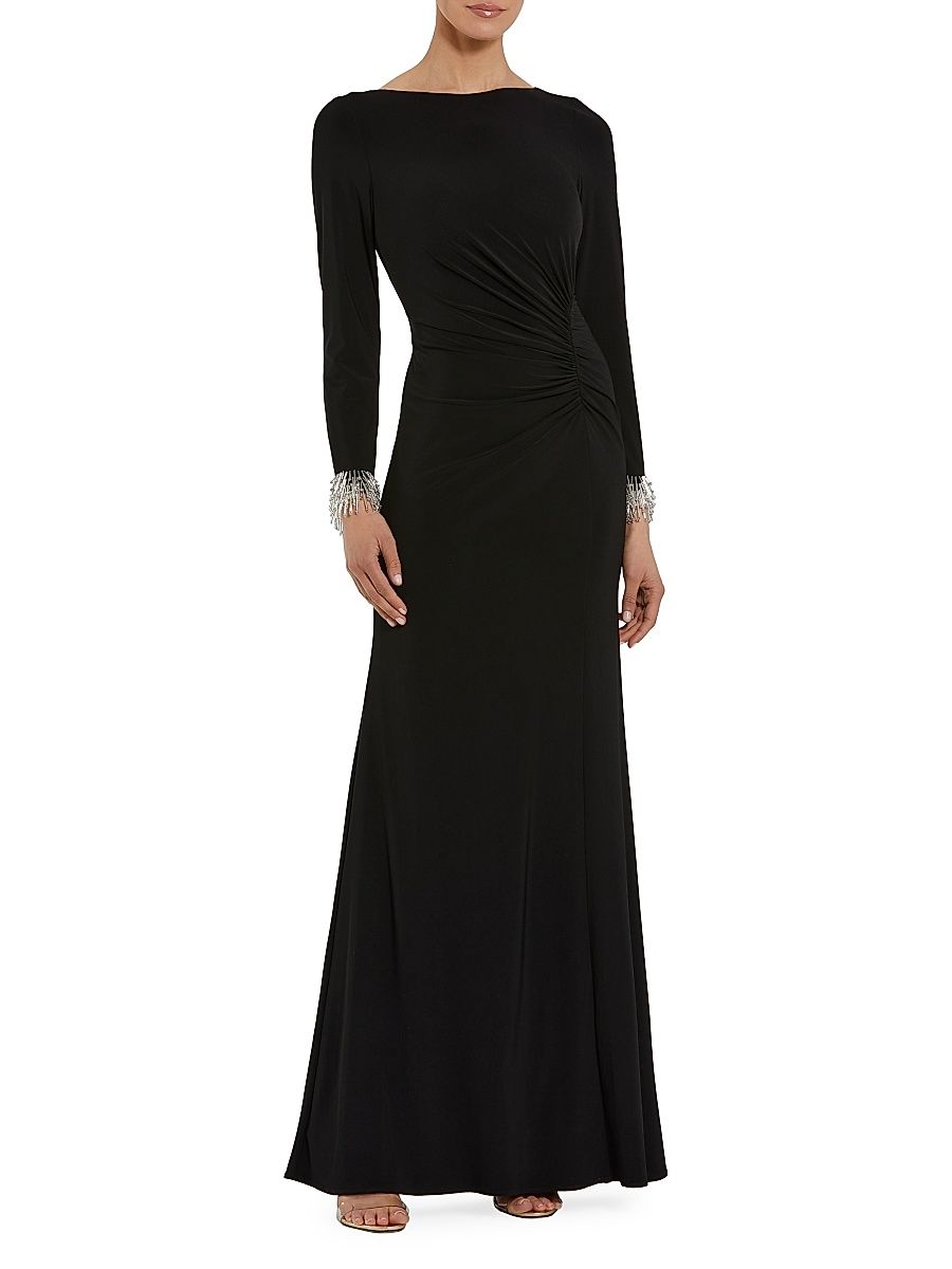 Women's Seasonless Long Sleeve Jersey Gown With Beaded Sleeve Cuffs - Black - Size Small