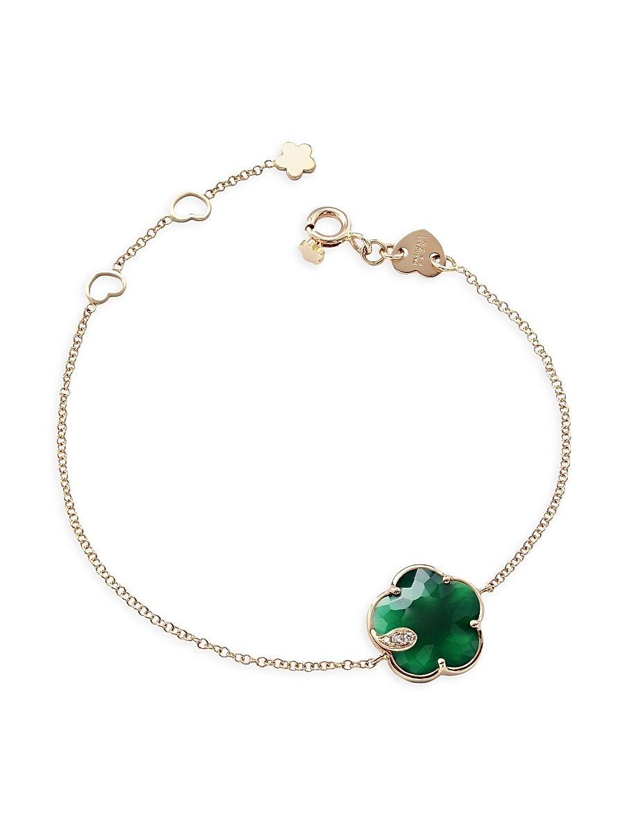 Women's Petit Joli 18K Rose Gold, Green Agate, & Diamond Flower Charm Bracelet - Green