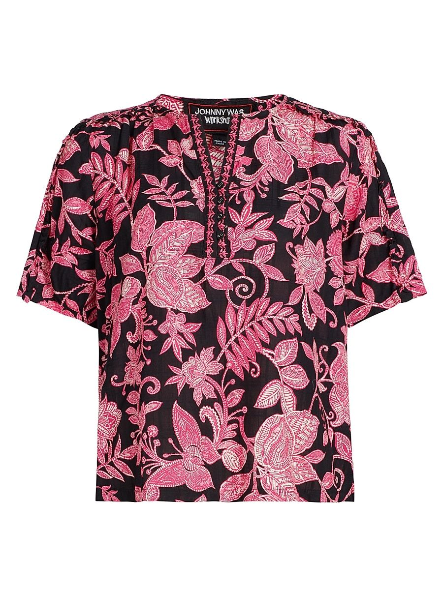 Women's Ruffled Printed Cotton Top - Alycia Black - Size XL