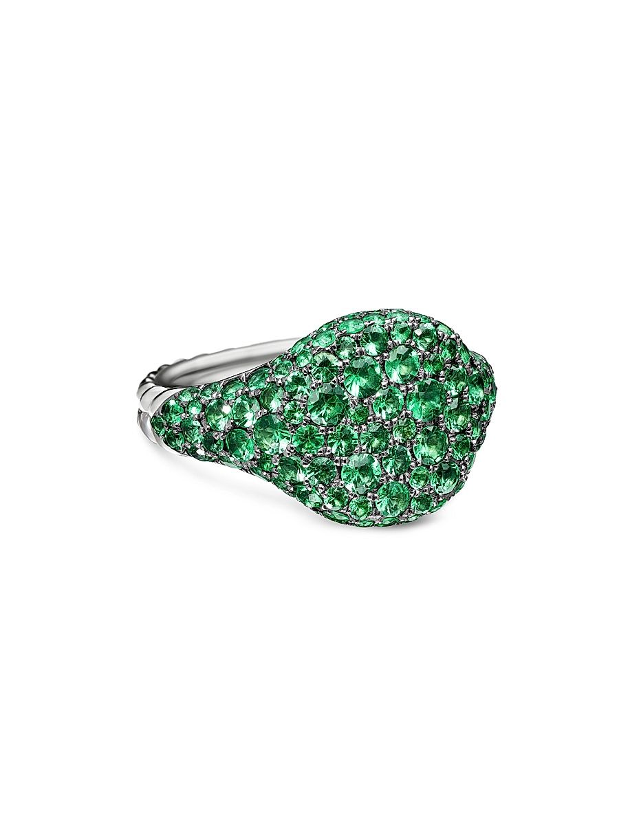 Women's Pavé Pinky Ring in 18K White Gold - Emerald - Size 4.5