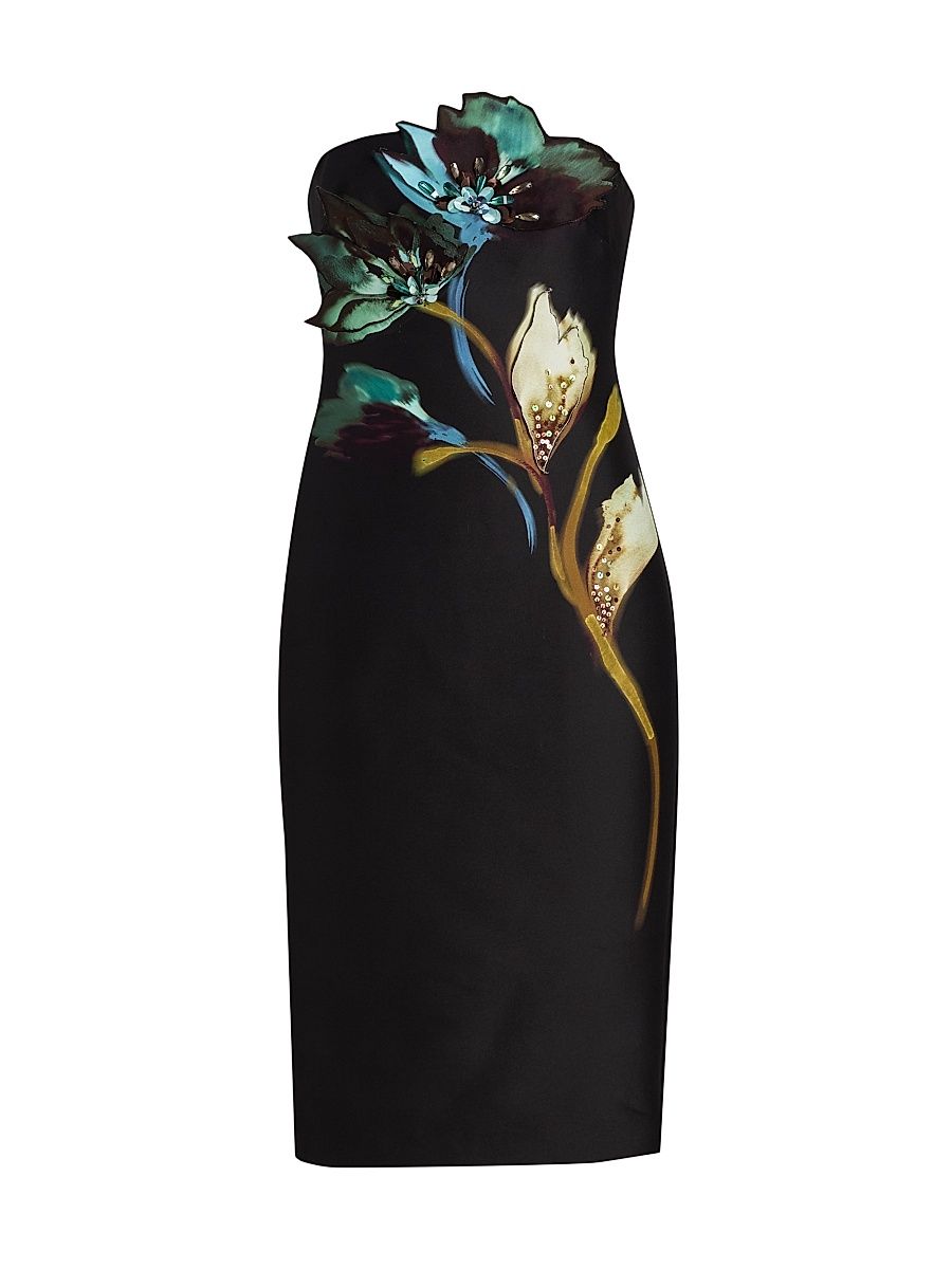 Women's Floral Placement Strapless Midi-Dress - Black Multi - Size 0