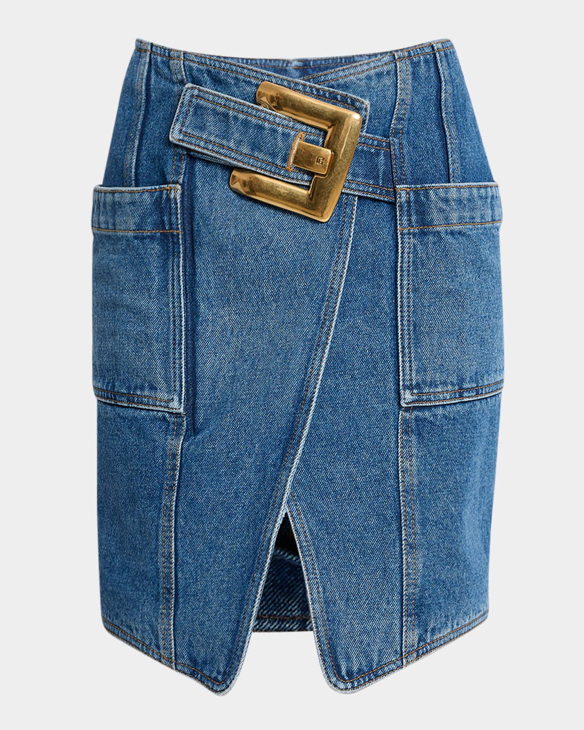 Belted Wrap Denim Mini Skirt