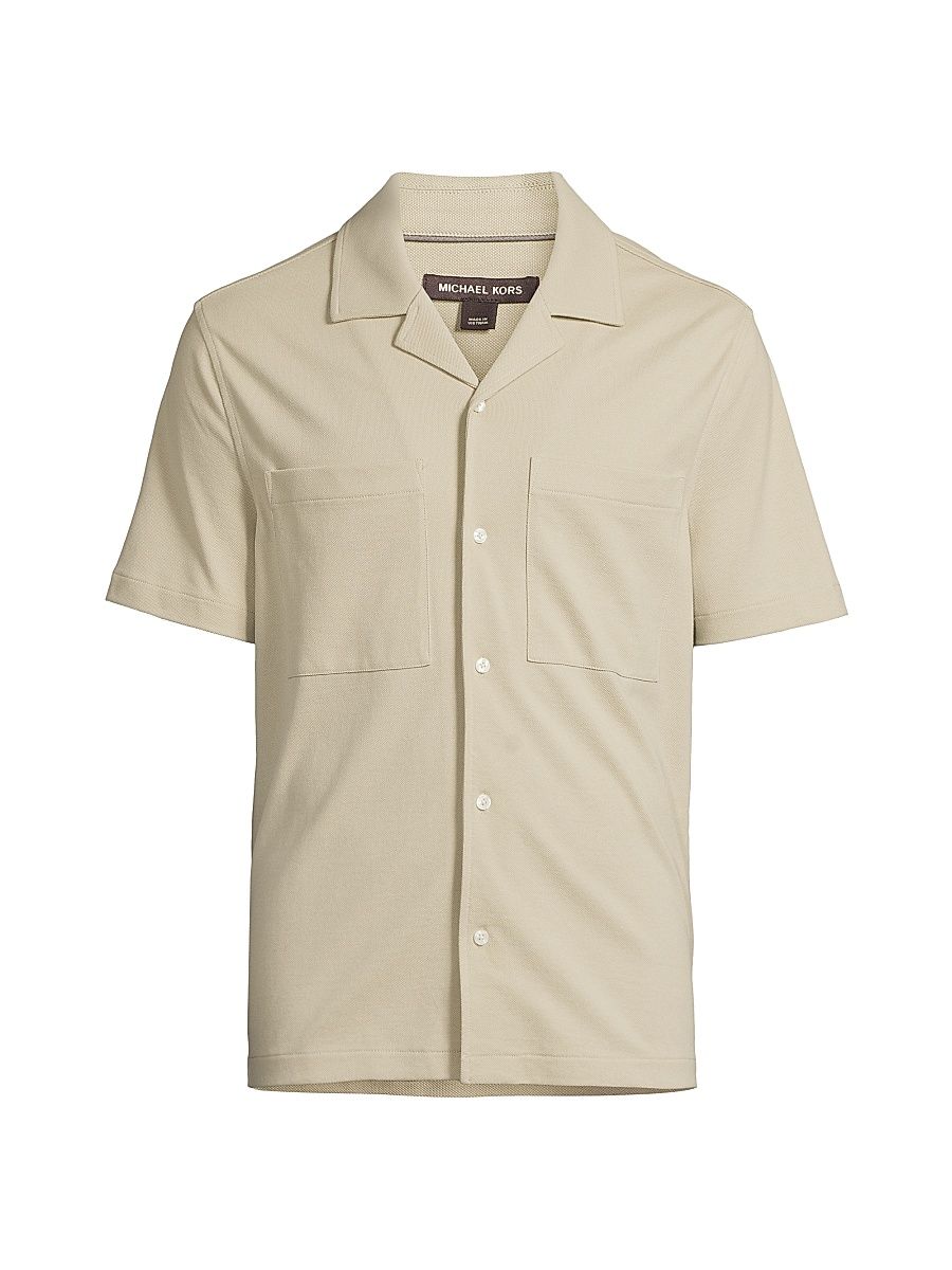 Men's Pique Cotton Regular-Fit Camp Shirt - Stone - Size XXL