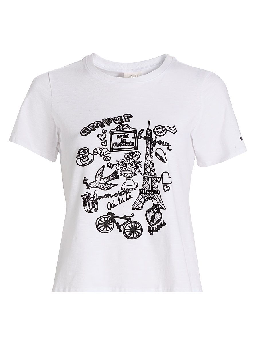 Women's Paris Doodle Rhinestone-Embellished Cotton T-Shirt - White Black - Size XL