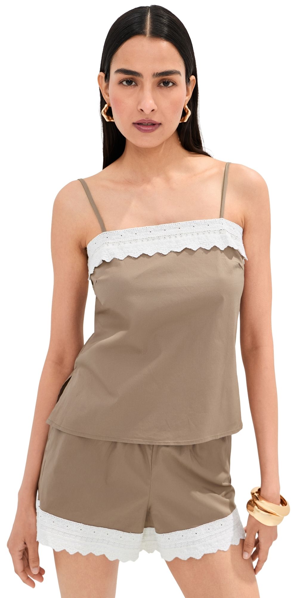 LE BOP Lace Trim Tank Taupe XS