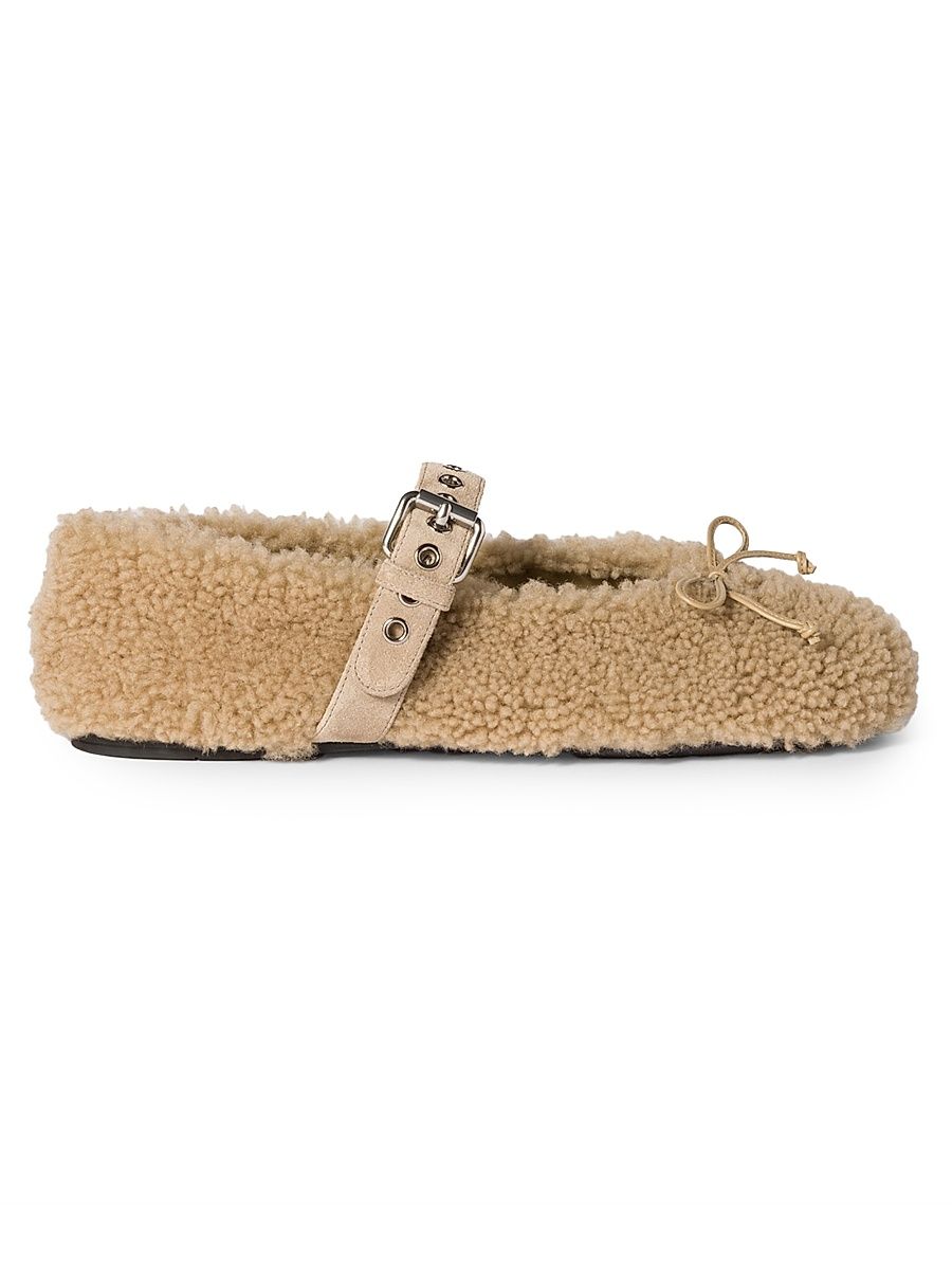 Women's Shearling Ballerinas - Beige Khaki - Size 11